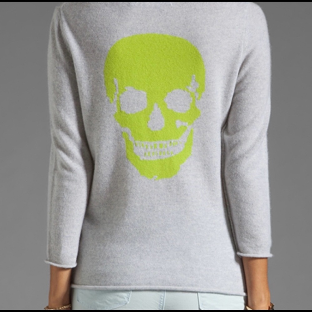 360 Cashmere skull sweater size small gray with chartreuse skull